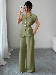 Elenzya Traje formal elegante de mujer color albaricoque, conjunto de blazer con cuello de volantes de organza con lentejuelas y cintura con lazo, que incluye chaqueta sin mangas y pantalones rectos, color burdeos, adecuado para Halloween, Navidad, Año Nuevo, ceremonia de graduación, boda y otras ocasiones - Verde - Ver 6