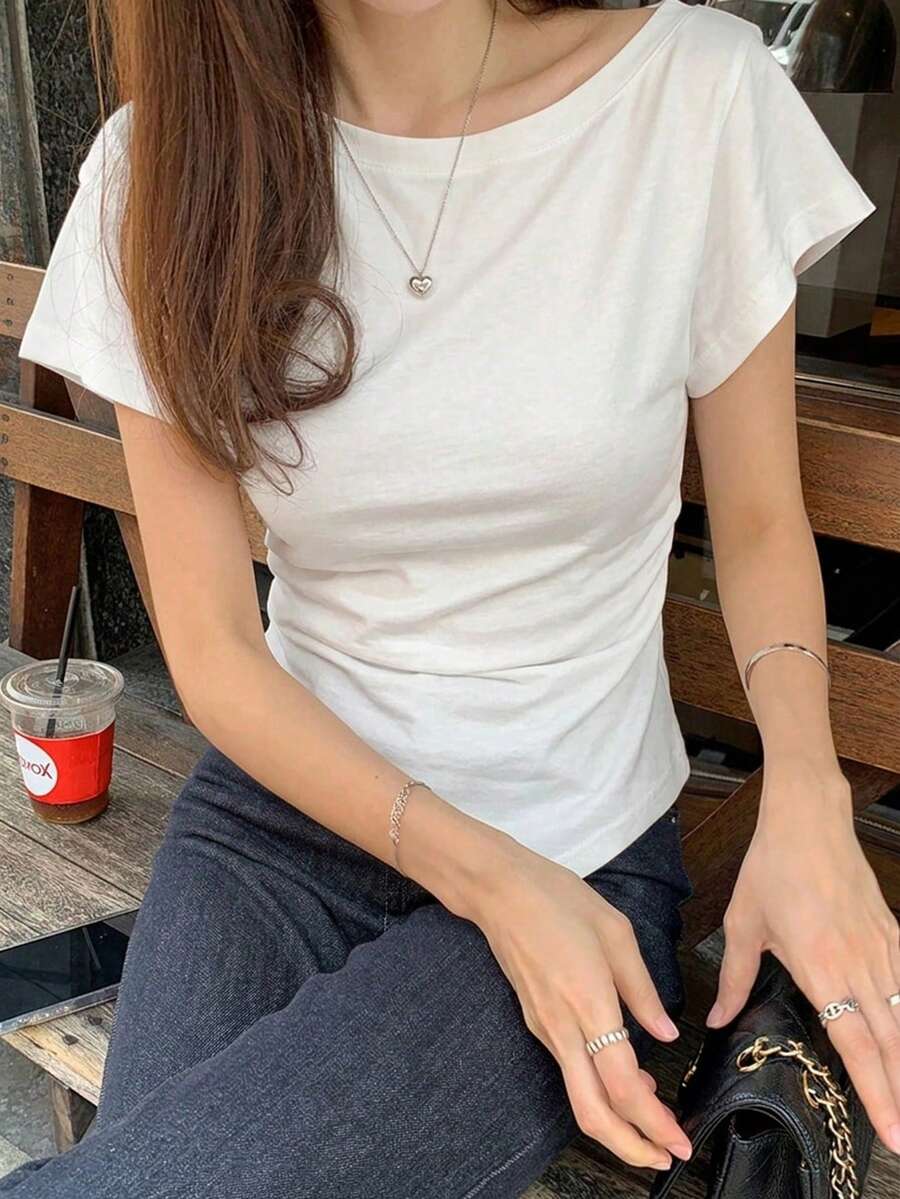DAZY 女士时尚简约纯色修身T恤 夏季 - 白色 - 查看 1