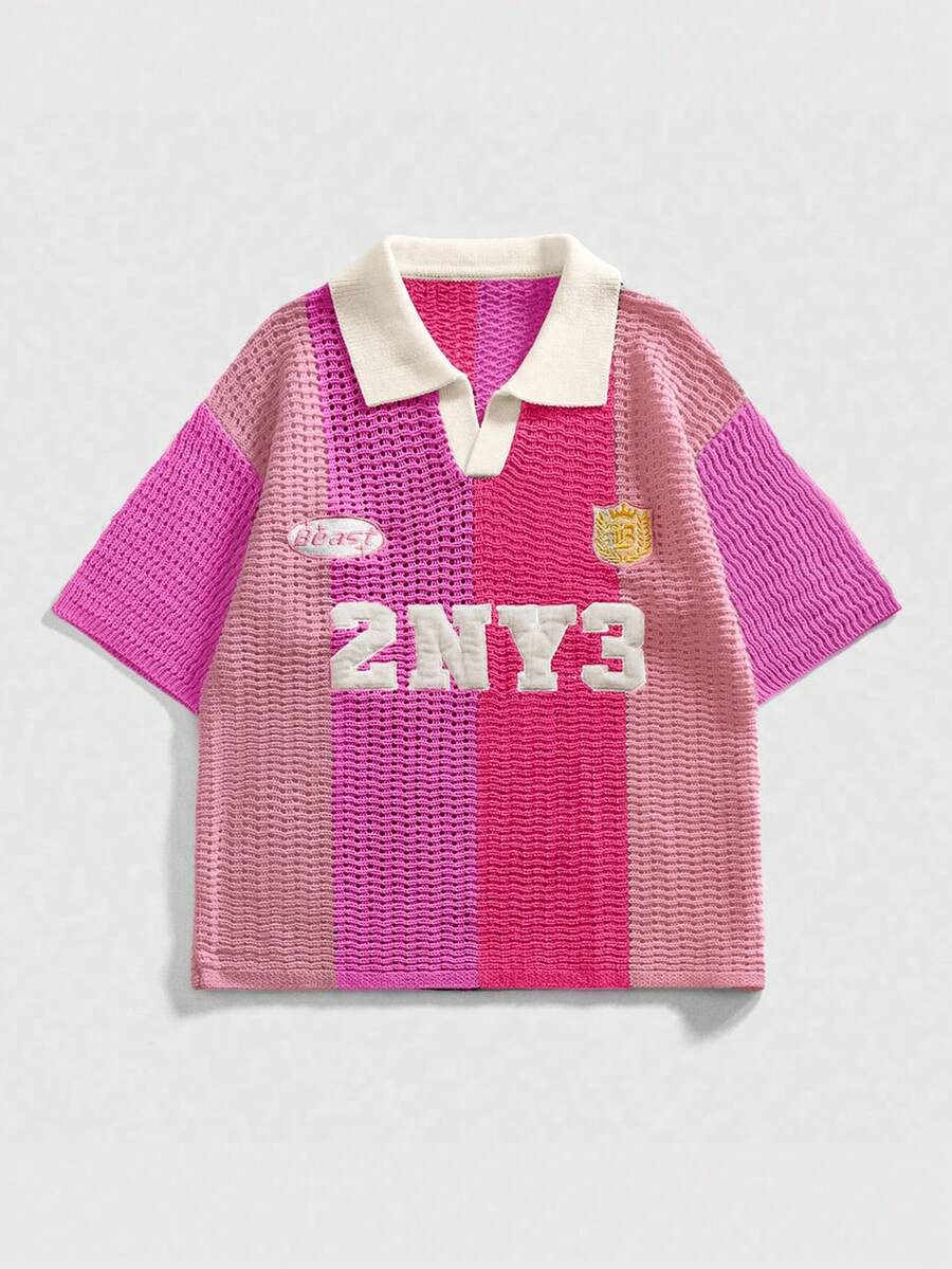 Men's Embroidered Striped Jacquard Knit Polo Shirt - Pink - View 1