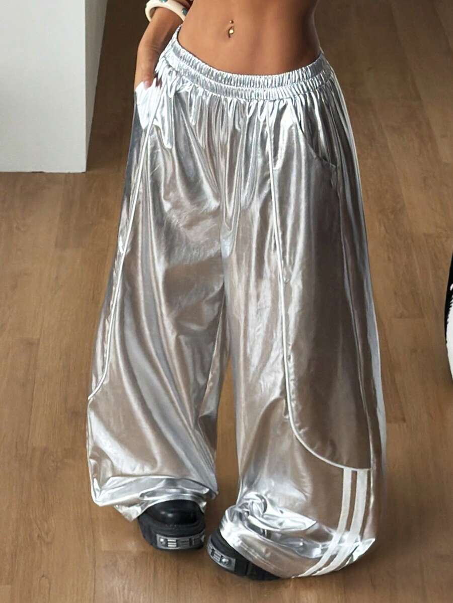 Coolane Women's Metal Texture Pocket Loose Casual Wide Leg Pants - Silver - View 1