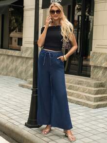 SHEIN Celana Jeans Hamil Kasual Longgar Model Lurus, Biru Tua, Musim Semi/Panas - Navy Blue - View 7