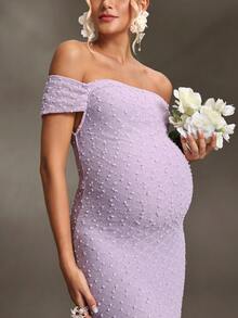 Cheriluna Maternity 孕妇纯色露肩修身优雅连衣裙，适合拍照 - 淡紫色 - 查看 7