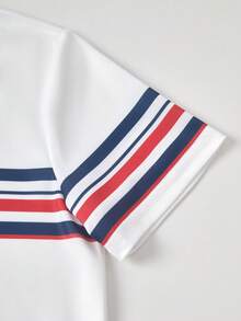 SHEIN Vacaura Tween Boy Knight Striped Print Short Sleeve Polo Shirt, Suitable For Casual & Commute Wear - White - View 6