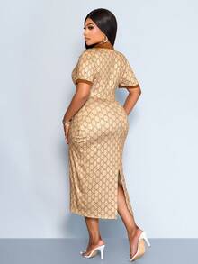 SOLERSUN Plus-Size Chocolate Brown Butterfly Print V-Neck Polo Collar Color-Blocked Elegant Fitted Midi Dress - Khaki - View 6