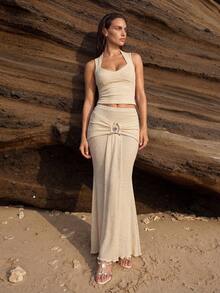 Swim Chiccia Falda de punto color albaricoque con hebilla metálica para mujer - Albaricoque - Ver 3