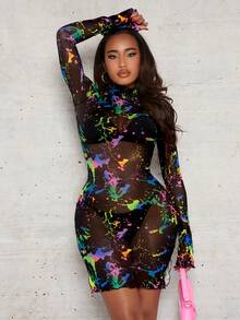 SHEIN SXY In Splash Ink Viền chia cắt Lưới Váy bodycon Không có bộ đồ lót - Nhiều màu - Xem 5