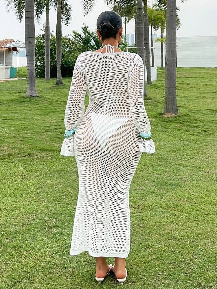 Dazy Plus V-Neck Long Sleeve Sheer Mesh Textured Fabric Sexy Casual Beach Cover-Up Swimsuit