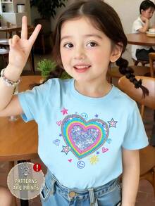 Elladie kids 1件藍色少女休閒可愛花卉印花夏季度假針織圓領短袖T恤，校園、新款SS26時尚外出穿搭 - 藍色 - 查看 3