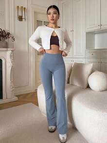 DAZY Women's Solid Color High Waist Slim Fit Flare Leg Casual Leggings - Baby Blue - View 5