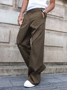 PAVTROS Men's Casual Everyday Commute Minimalist Solid Color Pleated Loose Wide-Leg Pants - Brown - View 4