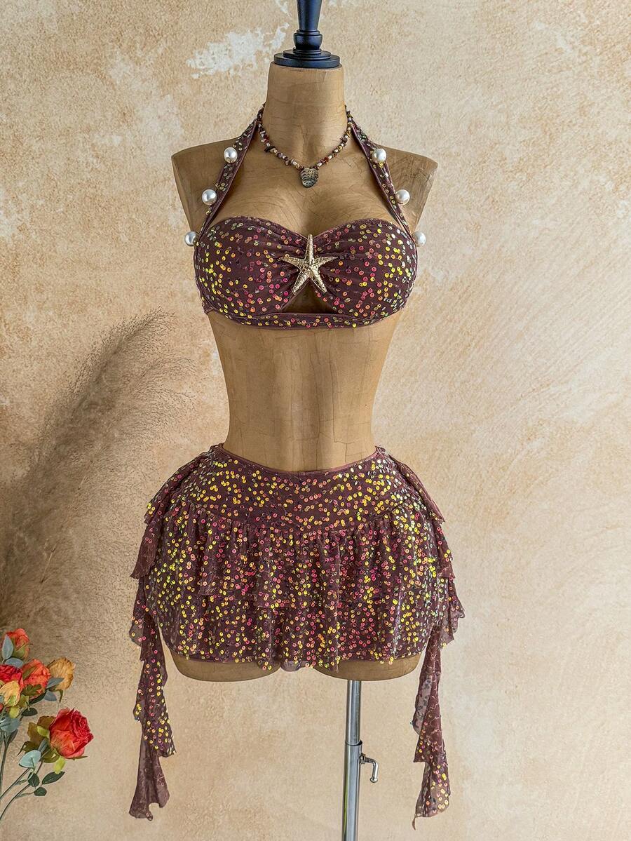 Soleia Women's Vacation Beach Sequin Backless Halter Top And Mini Skirt 2 Pieces Set - Multicolor - View 1
