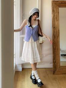 DAZY Áo Cami kẻ caro 2 trong 1 dành cho nữ - Màu xanh lam - Xem 6