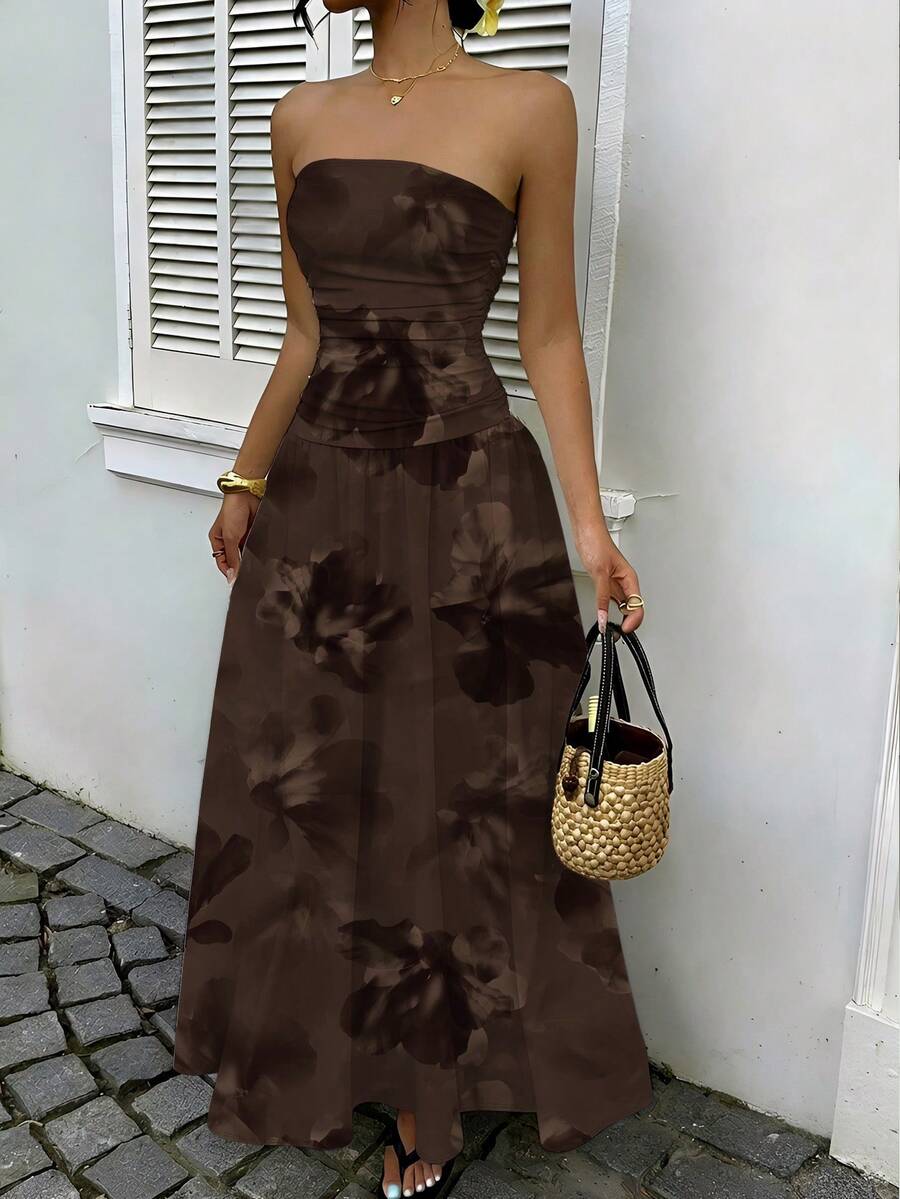 SHEIN EZwear 女士白色波点印花荷叶边下摆无肩带连衣裙,适合度假、秋季时尚、婚礼宾客着装、生日派对、户外活动穿着 - 彩色 - 查看 1