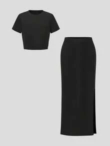 Sparklyn Tween Girl Striped Knitted Cropped Top & Midi Skirt 2pcs Set, Casual Daily Outfit - Black - View 4