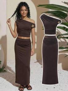 SHEIN Teen Girl Deep Brown Asymmetric Shoulder Fitted Maxi Dress,Golden Starfish Decor Ruched Stretchy Soft Elegant Summer,Vacation,Holiday Dress - Coffee Brown - View 7