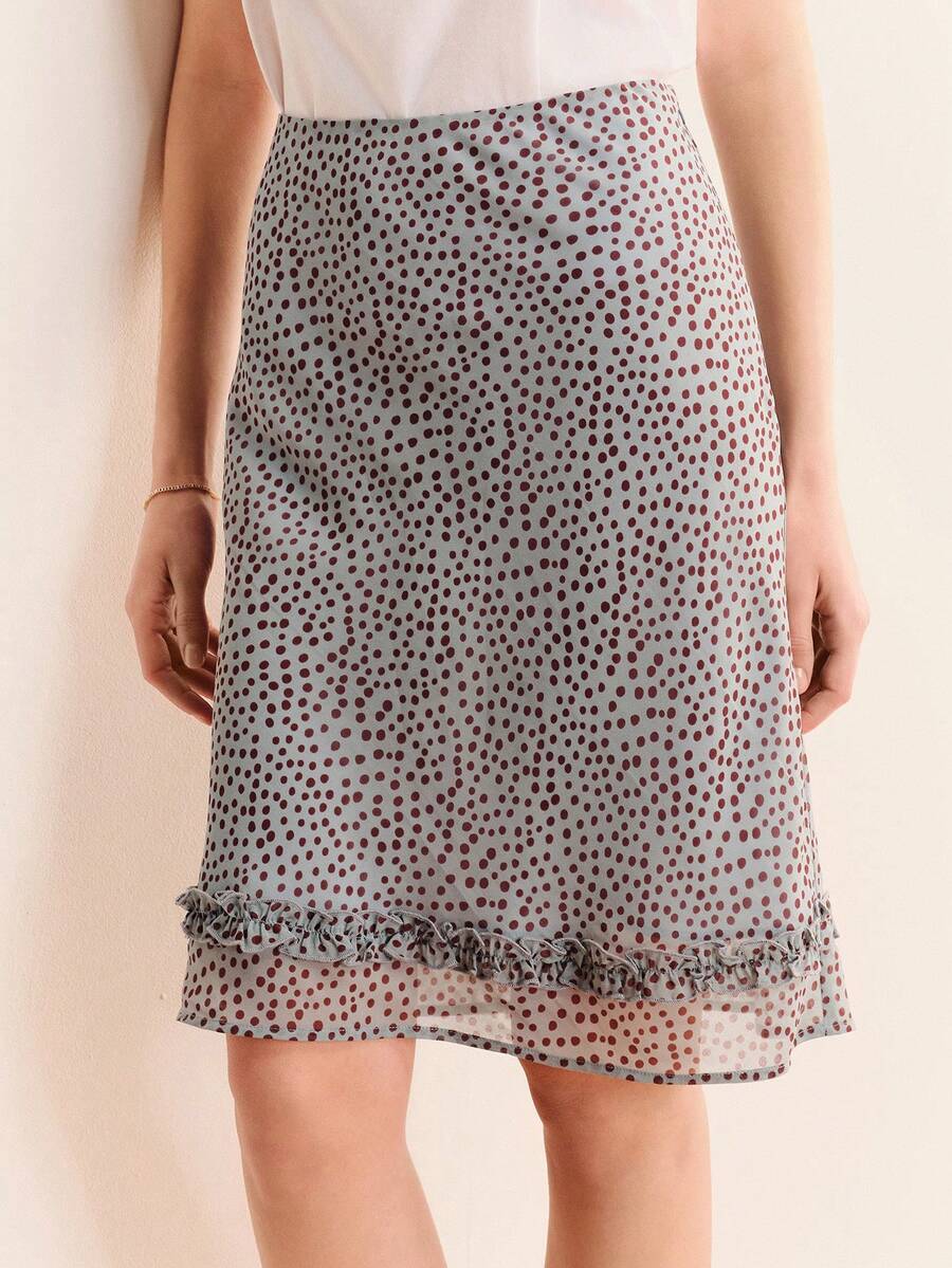 lacRébo Falda midi con lunares azules, bajo con volantes y corte bajo, conjunto de ropa de vacaciones, falda de lunares, falda con volantes, falda de estilo francés para primavera y verano - Azul - Ver 1