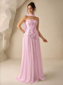 Coutiva Elegant Strapless 2 In 1 Dress,Backless Full Skirt High Slit Formal Evening Gown For Wedding Guest,Graduation,Birthday Party & Music Festivals - Pink - View 3