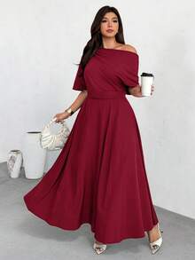 Firerie Plus Size Women's Fashionable Solid Color Off-Shoulder Long Dress - Red - View 8