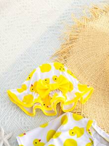 SHEIN Newborn Baby Cartoon Print Long Sleeve Rash Guard & Swim Cap Set, Suitable For Summer Vacation & Beach - Yellow - View 4