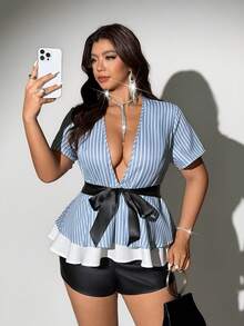 Viva Relle Blouse rayée sexy grande taille avec nœud - Bleu azur - Voir 4