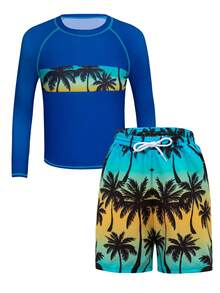 SHEIN Bộ đồ bơi 2 mảnh dành cho bé trai tuổi teen, áo chống nắng bằng vải dệt kim với họa tiết cây cọ chuyển màu, kết hợp với quần bơi dáng rộng có dây rút ở eo cũng in họa tiết cây cọ chuyển màu, thoải mái cho kỳ nghỉ hè, bãi biển, hồ bơi và các bữa tiệc ngày lễ. - Màu xanh lam - Xem 1