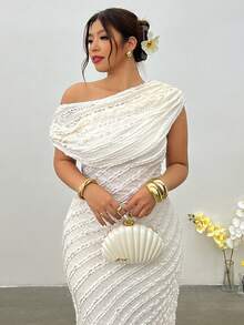 Firerie Đầm dệt kim dáng rộng mùa xuân/hè mới, thanh lịch, tay ngắn, vai lệch, xếp ly eo, kiểu dáng thường ngày, đa năng, thích hợp mặc hàng ngày. - Màu be - Xem 1