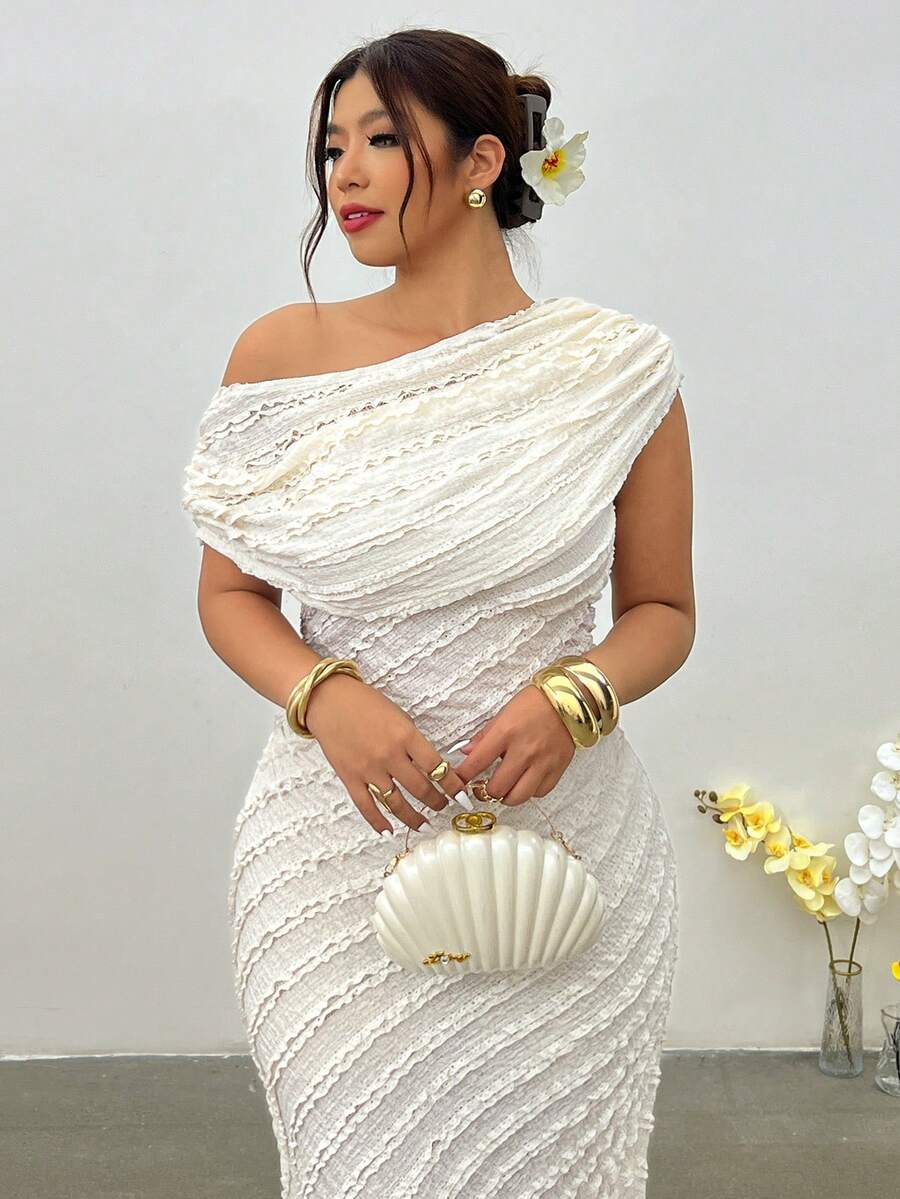Firerie Đầm dệt kim dáng rộng mùa xuân/hè mới, thanh lịch, tay ngắn, vai lệch, xếp ly eo, kiểu dáng thường ngày, đa năng, thích hợp mặc hàng ngày. - Màu be - Xem 1