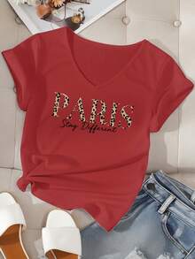 EMERY ROSE Women's Paris Leopard Print Letter Graphic Fitted V-Neck Short Sleeve T-Shirt, Suitable For Summer - Redwood - View 1
