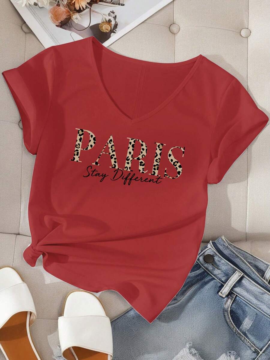 EMERY ROSE Women's Paris Leopard Print Letter Graphic Fitted V-Neck Short Sleeve T-Shirt, Suitable For Summer - Redwood - View 1