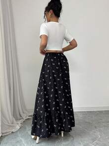 Modelyn Petite Women's Printed Woven Black Floral Elastic Waist A-Line Skirt Black Bow Print Elastic Waist Maxi Skirt Casual A-Line Bow Print Long Skirt Soft Lightweight Flowy Fabric Elastic Gathered Waistband Daily Street Casual Wear  Beachside Vacation Wear Spring Outdoor Picnic Gathering Casual Family Gathering Summer Cute Feminine Chic - Black - View 2