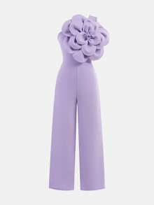 Tween Girls Casual Elegant Asymmetric Shoulder Fitted Minimalist 3D Floral Decor Jumpsuit, Suitable For Party, Wedding And Events - Mauve Purple - View 6