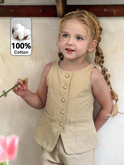 SHEIN Bộ đồ thường ngày cho bé gái, gồm áo cổ tròn màu trơn cài cúc một hàng và quần dài.