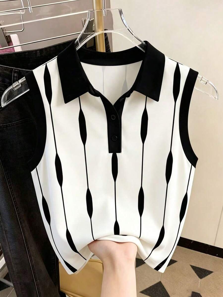 GlowEve CURVE Women's Black And White Knit Sleeveless Fitted Polo Neck Tank Top,Summer Elegant Smart Casual French Vacation Outfit,School Back-To-School Printed - Black and White - View 1