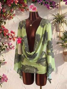 Bonvoyette Fashionable Printed Mesh Shawl, Long Sleeve Deep Draped Neck, Spring/Summer Beach, Party, Vacation Style - Green - View 1