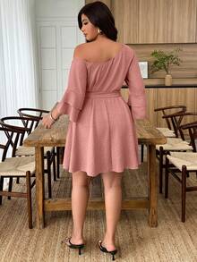 Weeklong Plus Size Women Asymmetric Ruffle Sleeve A-Line Casual Dress - Coral Pink - View 2