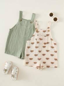SHEIN Bộ 2 áo liền quần cho bé trai và bé gái, họa tiết dưa hấu và màu xanh lá cây, chất liệu crepe, thích hợp cho các hoạt động thường ngày mùa xuân/hè, du lịch, nghỉ mát. - Nhiều màu - Xem 9