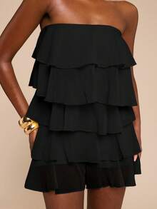 SHEIN BAE Mono elegante y chic de mujer de unicolor minimalista con volantes multicapa, para verano - Negro - Ver 7