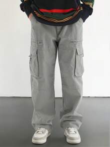Manfinity EMRG Loose Fit Men's Cargo Pants With Flap And Side Pockets, For Fall - Light Grey - View 3