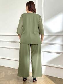 Reflora Plus Size Women's Elegant Party Banquet V-Neck Ruched Waist Rhinestone Top And Wide Leg Pants 2-Piece Set, Suitable For Spring, Summer And Autumn Fall - Mint Green - View 2