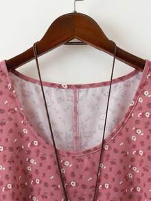 Linhara Blusa de mujer talla grande de verano con cuello redondo, volantes, mangas cortas, estampado floral diminuto y bloque de color con efecto peplum - Rosa Oxidada - Ver 3