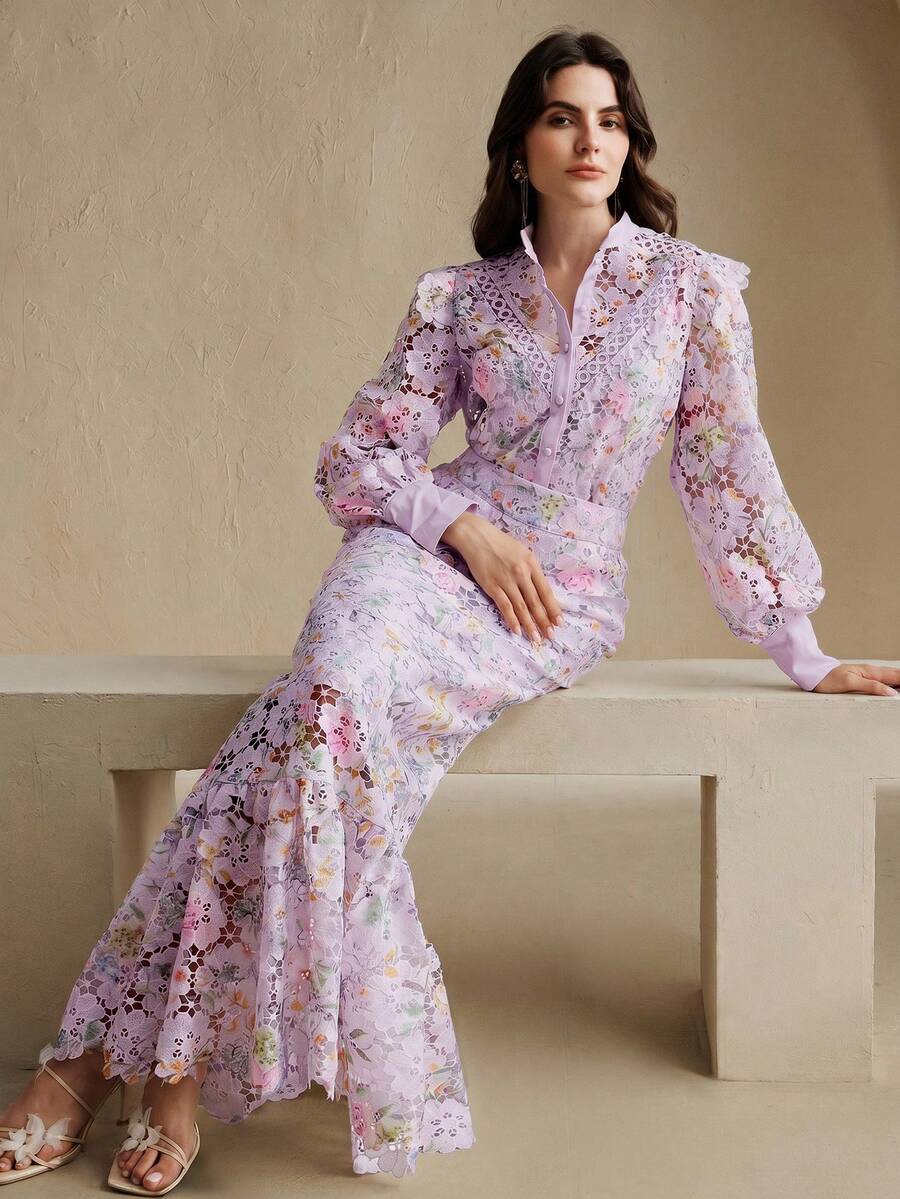 Anewsta 女士优雅时尚水溶蕾丝镂空印花修身鱼尾褶皱半身裙，夏季女装，情人节服装 - 淡紫色 - 查看 1