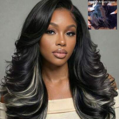 ALL READY WIG Tóc giả Bye Bye Slip 7x5 Lace Bob màu đen tro điểm xuyết trên nền tóc đen, kiểu tóc tỉa tầng nhẹ nhàng, mật độ 200%, có mái xéo ôm sát khuôn mặt, đã được cắt tỉa sẵn, tẩy màu sẵn, loại bỏ các nút thắt, 100% tóc người thật, ren trong suốt, thân thiện với người mới bắt đầu.