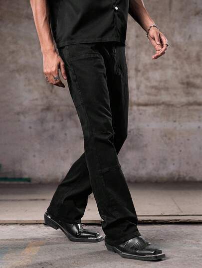 Skyrend Jeans de pierna acampanada y ajuste delgado en negro lavado vintage para hombres, ropa urbana americana de corte limpio