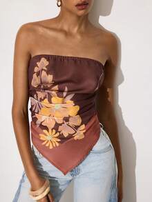Maija Women's Floral Print Backless Tube Top, Boho Chic Tie-Front Strapless Graphic Top, Summer Vacation Holiday Beach, All Shades Of Brown, Festival - Multicolor - View 1