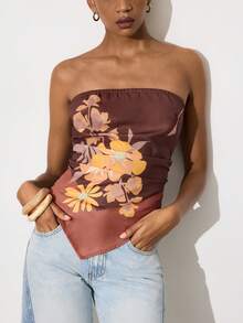 Maija Women's Floral Print Backless Tube Top, Boho Chic Tie-Front Strapless Graphic Top, Summer Vacation Holiday Beach, All Shades Of Brown, Festival - Multicolor - View 3