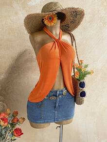 Soleia New Back To School Casual Vacation Western Beach Wedding Guest Outfit Graduation Brunch Women's Wear St. Patrick's Day Spring Break Easter Music Festival Elegant Bohemian Tropical Elegant Orange Elastic Glitter Knit Halter Backless Tie-Up Women's Tank Top - Orange - View 1