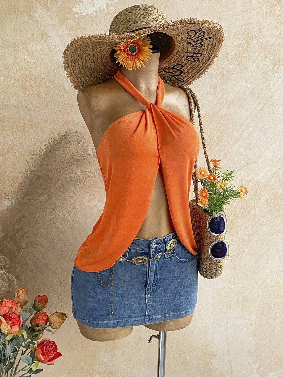 Soleia New Back To School Casual Vacation Western Beach Wedding Guest Outfit Graduation Brunch Women's Wear St. Patrick's Day Spring Break Easter Music Festival Elegant Bohemian Tropical Elegant Orange Elastic Glitter Knit Halter Backless Tie-Up Women's Tank Top - Orange - View 1