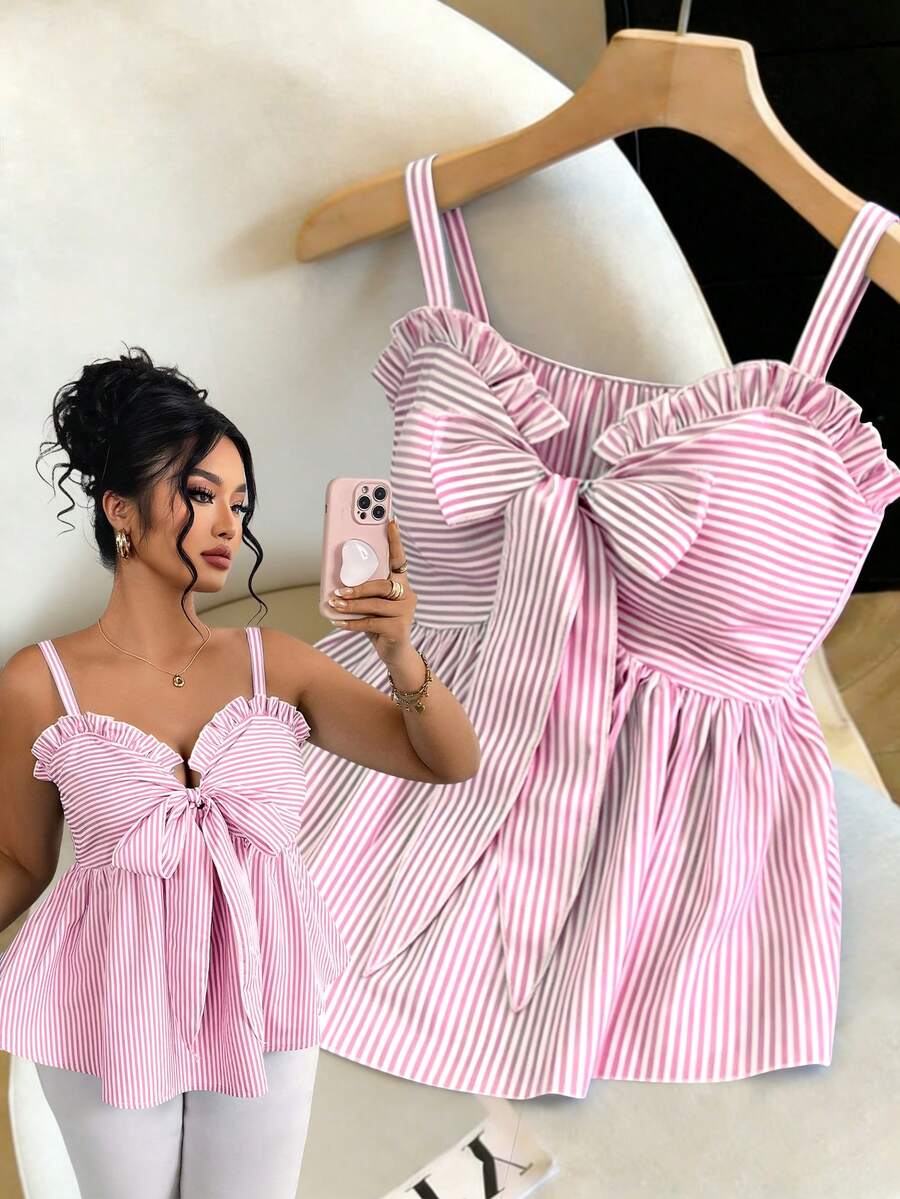GlowEve CURVE Plus Size Slimming Flared Striped Casual Camisole For Women, Spring/Summer - Pink - View 1