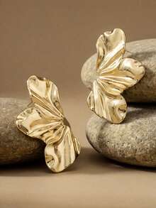 Arave 1 par de pendientes metálicos de media luna ondulada con flores para mujeres, joyas para el oído de verano vintage, exageradas, europeas y americanas, regalo para niña - Amarillo Oro - Ver 2