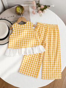 Emery Rose Kids Emery Rose Kids 2件套少女格子圆领休闲背心和裤子套装 - 黃色 - 查看 6